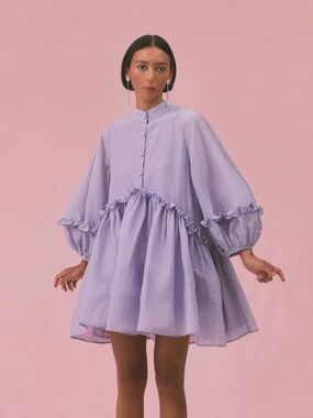 Morton Mac Silk Blend Ottilie Lilac Ruffle Peasant Tunic Mini Dress size 10 boho
